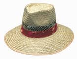 A natural straw hat featuring a green under brim and a red band, available in sizes S, M, L, and XL.