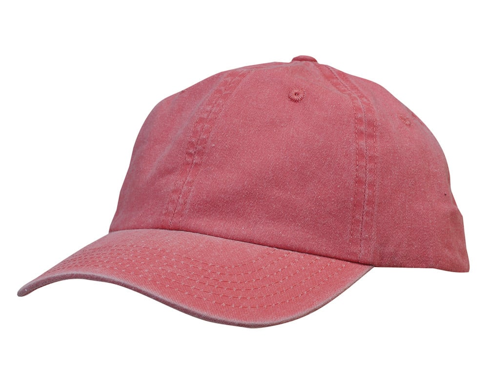 Washed red cotton baseball cap with curved brim and classic six-panel design, isolated on a white background.