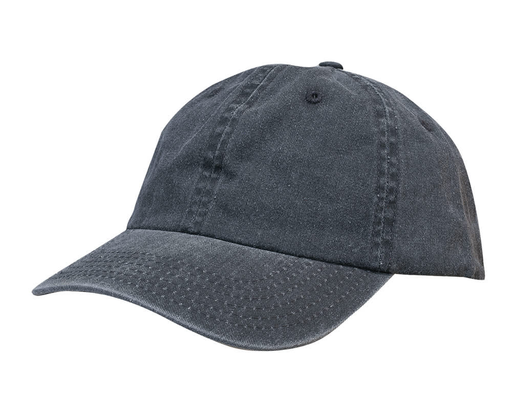 A grey enzyme washed pigment dyed cotton twill cap with a curved brim and a logo on the front.