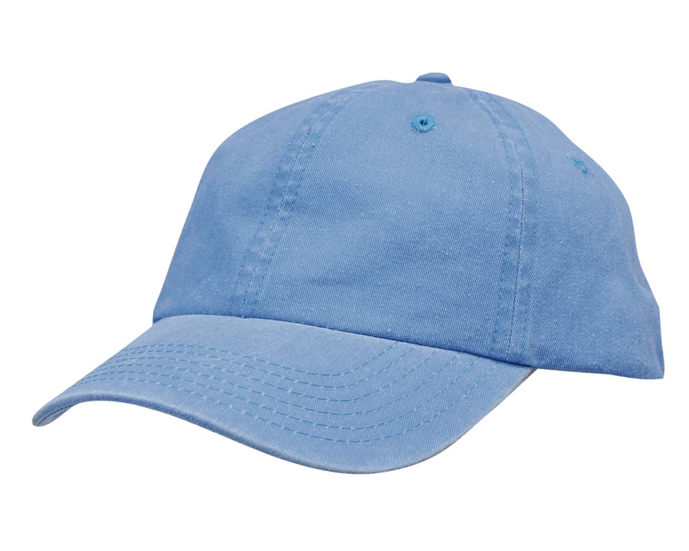 A light blue enzyme washed pigment dyed cotton twill cap with a curved brim and a logo.