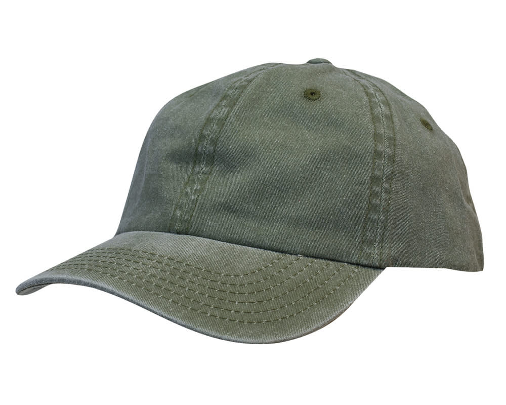 A green enzyme washed pigment dyed cotton twill cap with a seamless design and an adjustable strap.