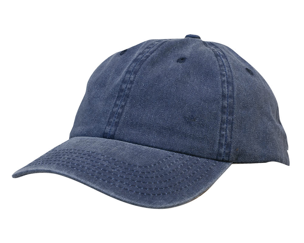 A blue enzyme washed pigment dyed cotton twill cap with a curved brim and stitching details. Features a logo.