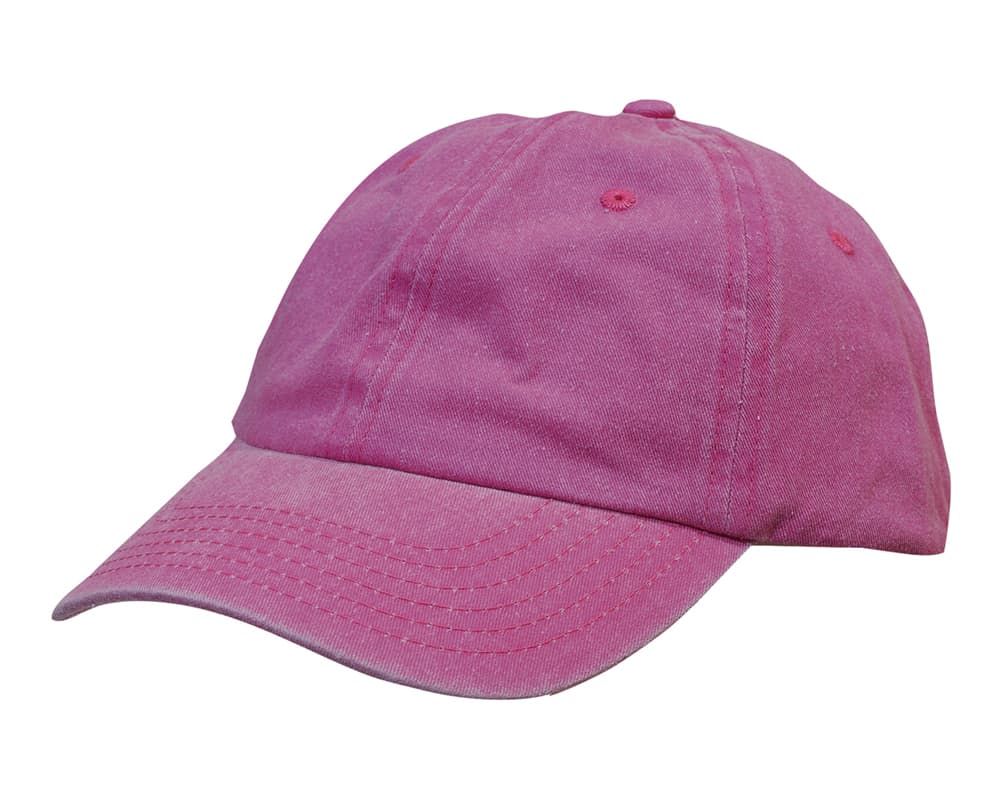 A pink enzyme washed pigment dyed cotton twill cap, featuring a curved brim and an adjustable strap at the back.