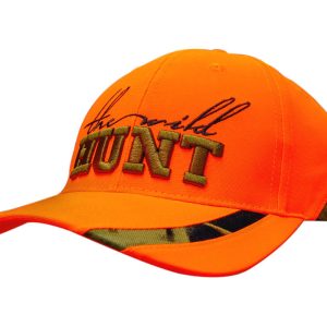 A bright orange cap featuring camo inserts and a raised logo, ideal for outdoor activities.