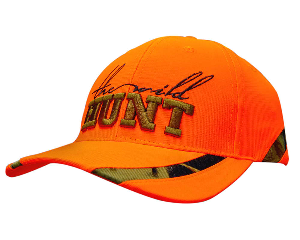 A bright orange cap featuring camo inserts and a raised logo, ideal for outdoor activities.