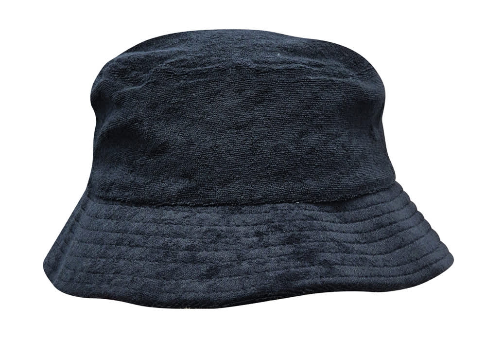 A black terry towelling bucket hat with a wide brim and a soft texture. Features a logo on the side.