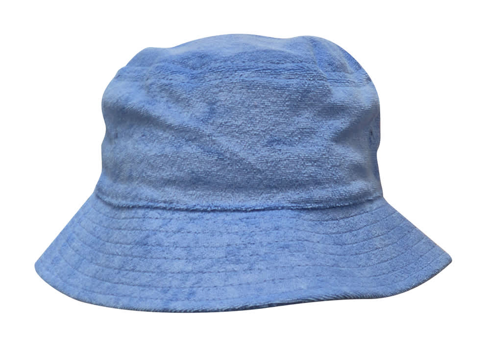 A blue terry towelling bucket hat with a wide brim and a soft texture, featuring a branding logo.
