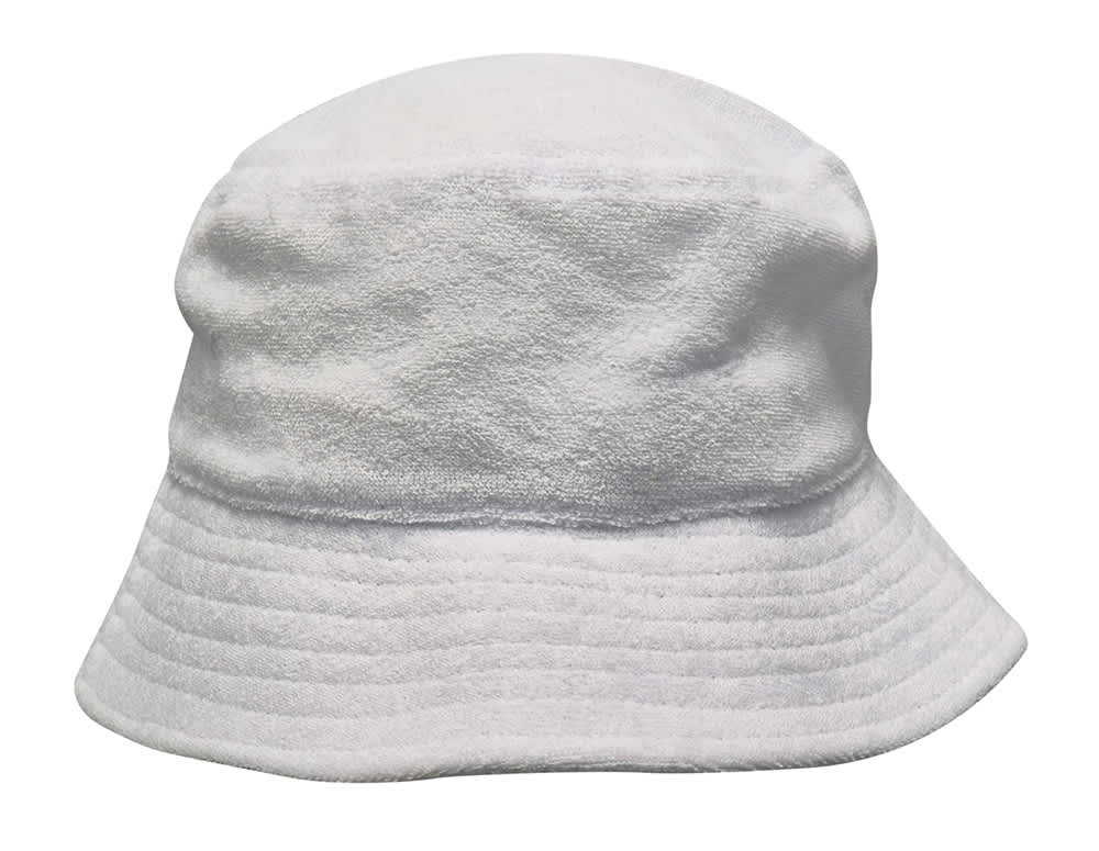 A white terry towelling bucket hat with a wide brim and soft texture, featuring a logo.