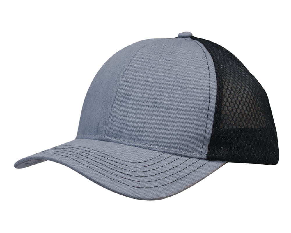 Light brushed poly cotton marle cap in grey with a honeycomb mesh back. Includes a logo on the side.