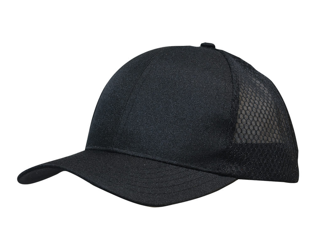 A black breathable poly twill cap featuring honeycomb mesh panels. The cap has a curved brim and includes a logo.