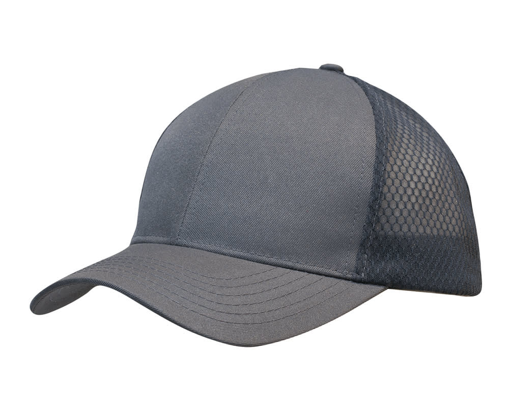A grey breathable poly twill cap featuring honeycomb mesh panels and a curved peak. It includes a logo.