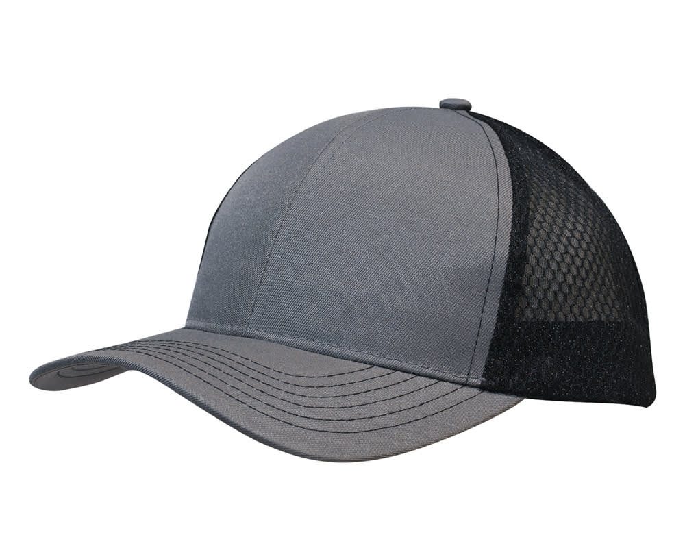 A breathable poly twill cap in grey with a honeycomb mesh side panel and a curved brim. Features a logo.