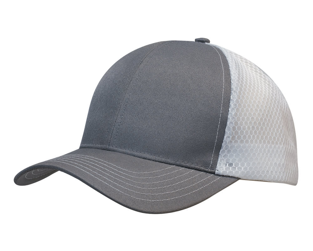 A grey cap featuring breathable honeycomb mesh on the side. It has a curved brim and a logo present.