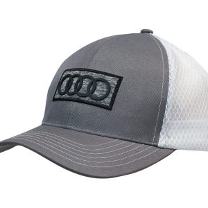 A grey cap with a honeycomb mesh back and a logo on the front.