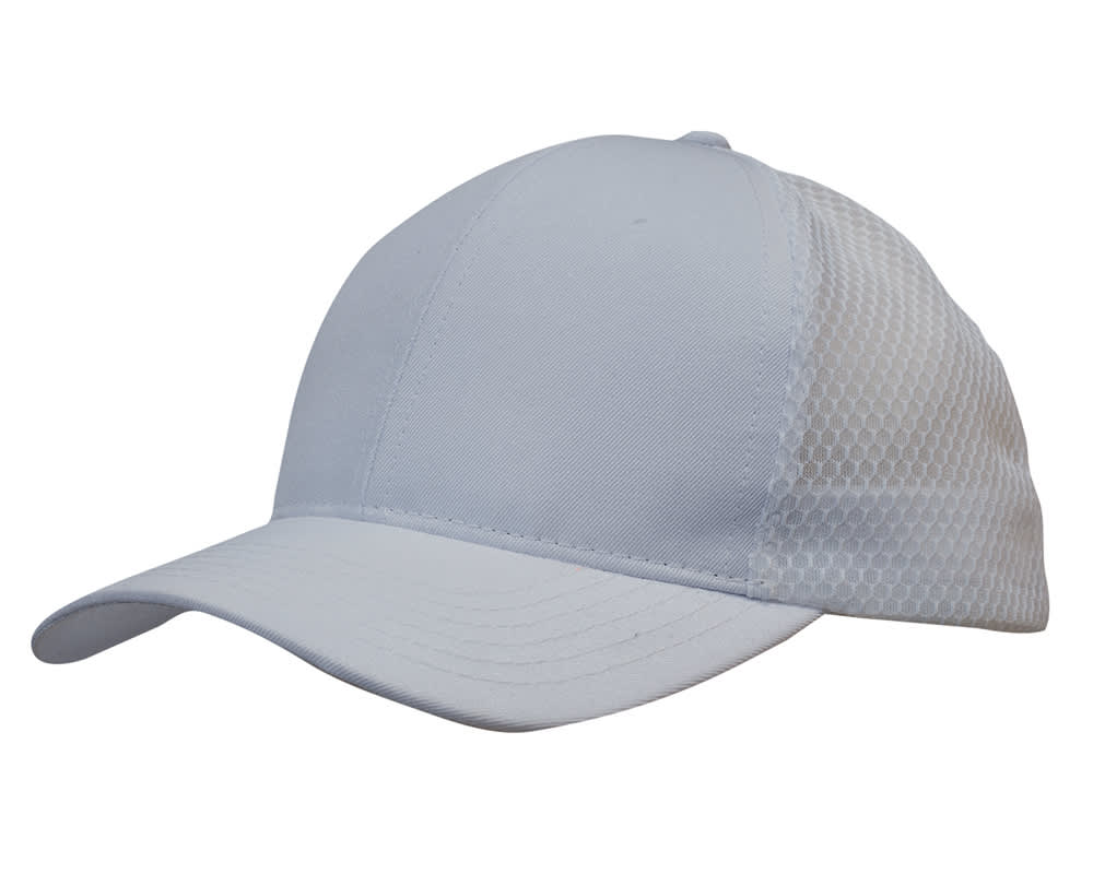 A light grey cap featuring breathable poly twill material and honeycomb mesh sides, with a logo.