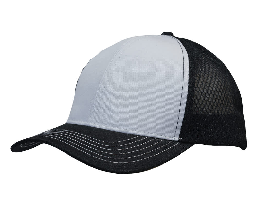 A breathable poly twill cap featuring honeycomb mesh, in light grey and black colours, with a logo on the front.