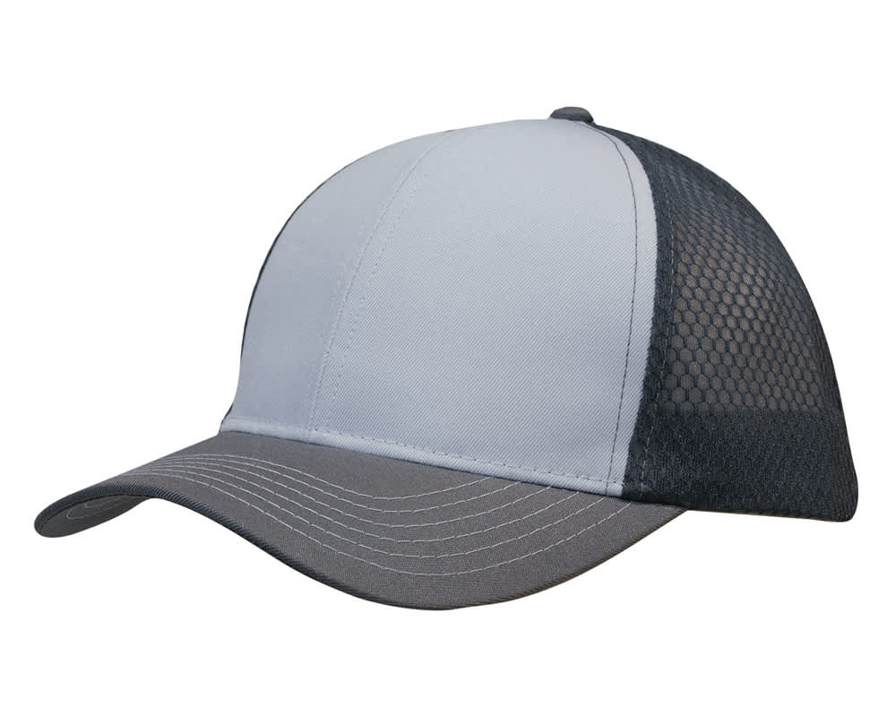 A breathable grey and black poly twill cap with honeycomb mesh side panels and a curved peak, featuring a logo.