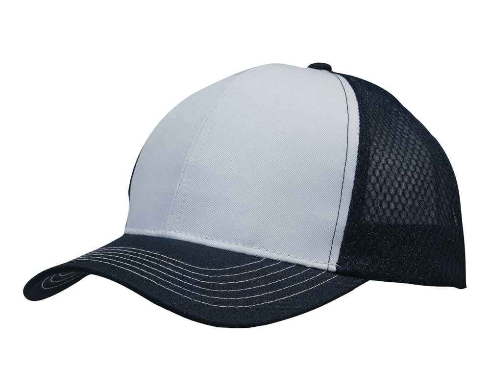 A breathable poly twill cap in grey with navy honeycomb mesh panels and a curved brim, featuring a logo.