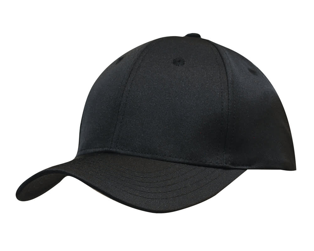 A black premium twill cap with a curved brim and a logo on the front. Suitable for various headwear styles.