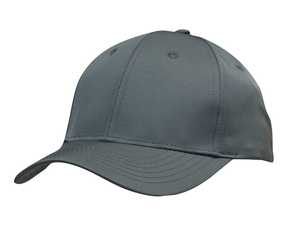 A grey twill cap with a curved brim and a logo, featuring multiple stitching lines.