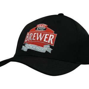 A black twill cap featuring a logo on the front. The cap has a curved brim and an adjustable back.