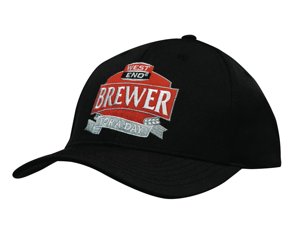 A black twill cap featuring a logo on the front. The cap has a curved brim and an adjustable back.