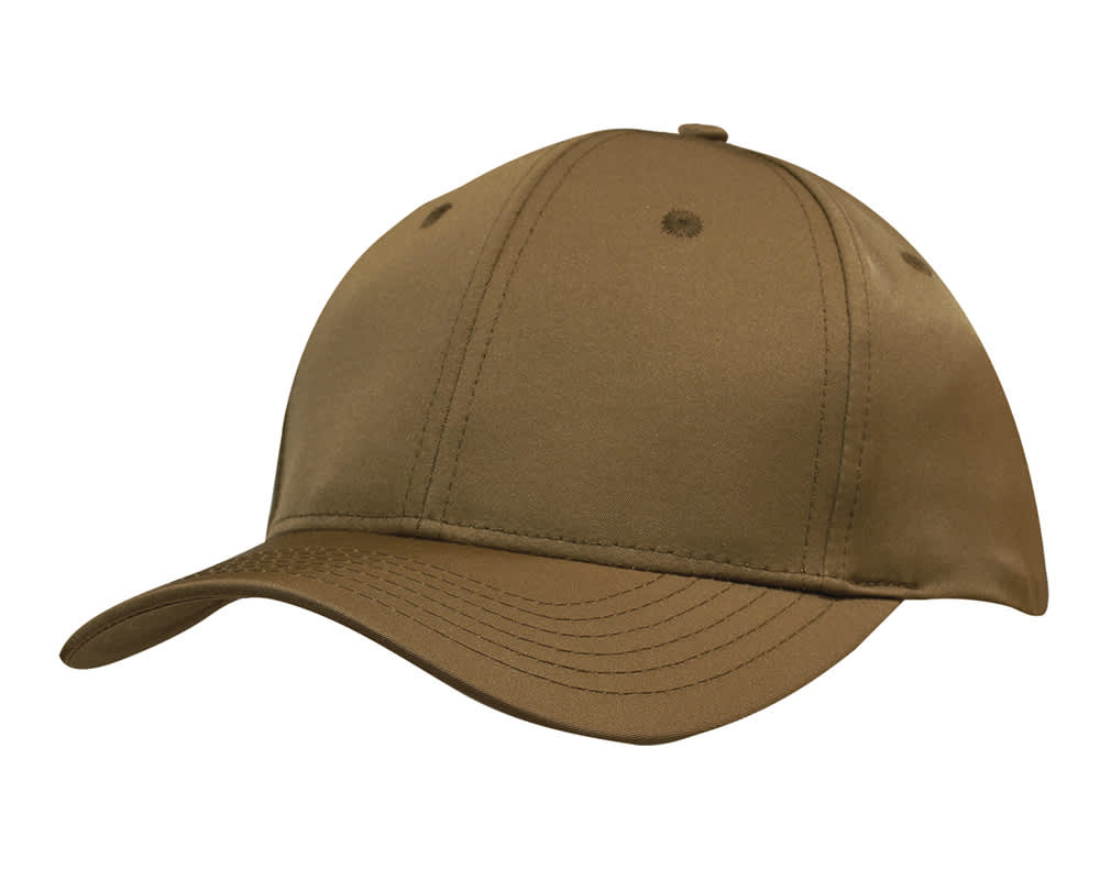 A khaki cap with a smooth finish and a curved brim, featuring a logo on the front.