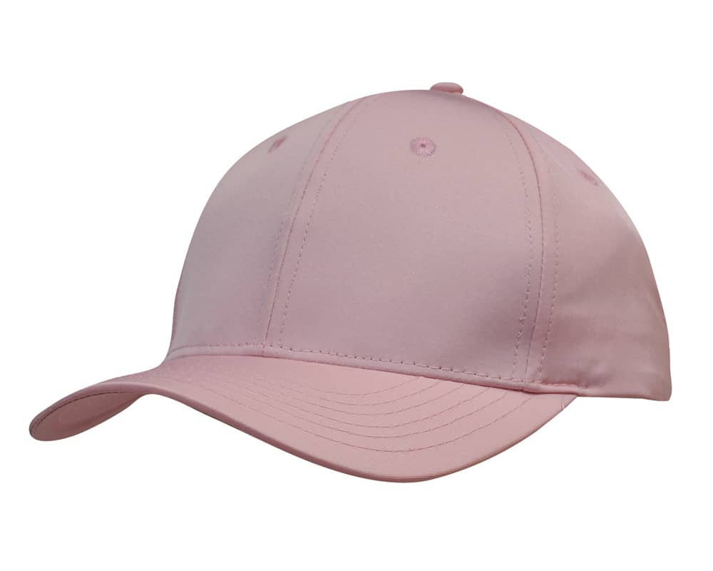 A pink premium sports twill cap featuring a structured design and a logo on the front.