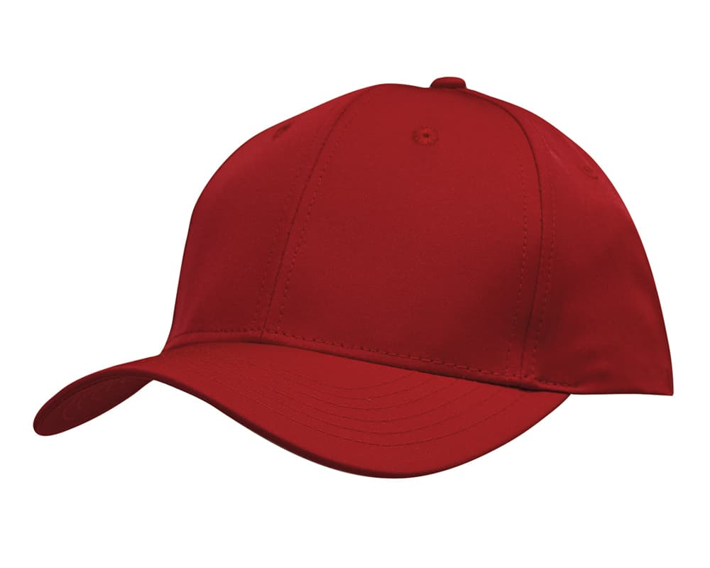 A red twill cap featuring a curved brim and an adjustable strap at the back. It has a logo on the front.