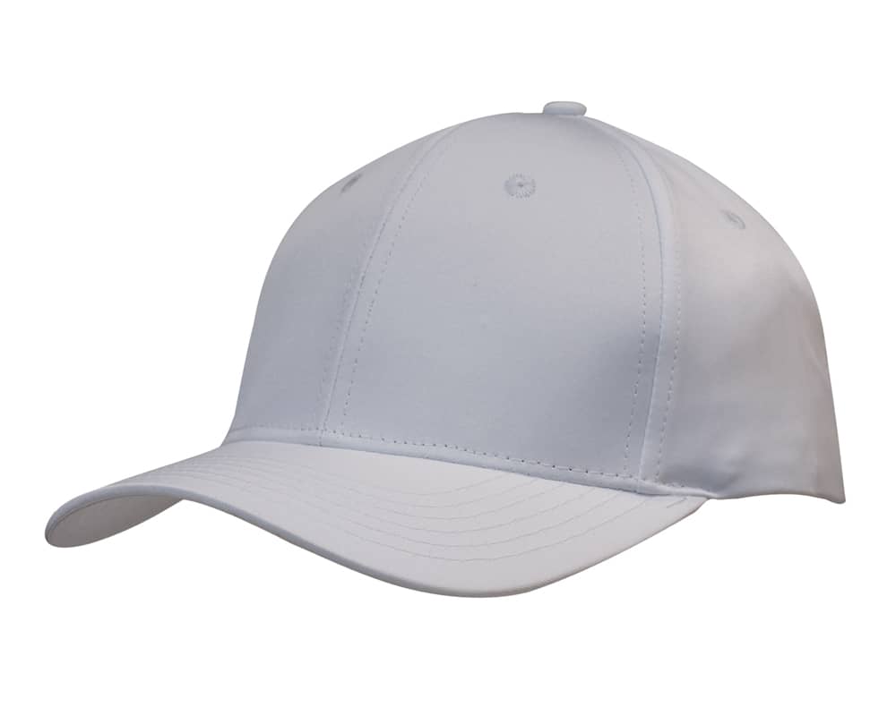 A white sports twill cap featuring a structured design and a curved brim, complete with a logo.