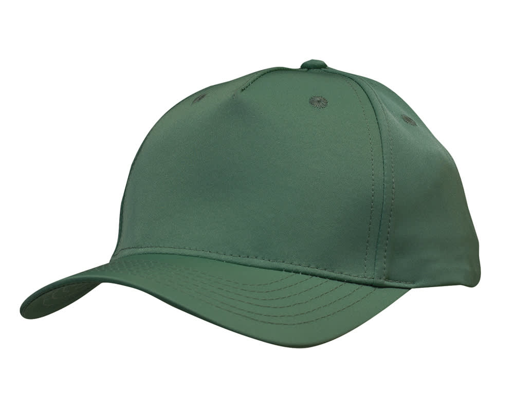 A green twill cap with a curved peak and ventilation holes, featuring a logo on the front.
