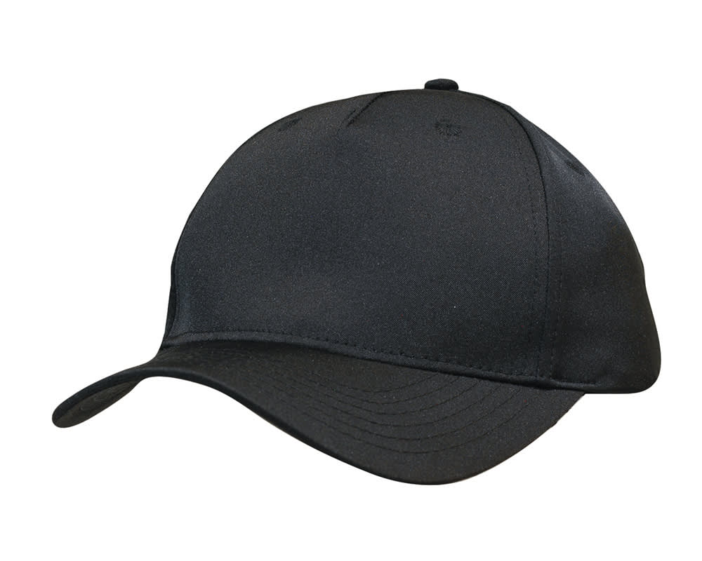 A black twill cap with a smooth finish and a curved brim, featuring a logo on the front.
