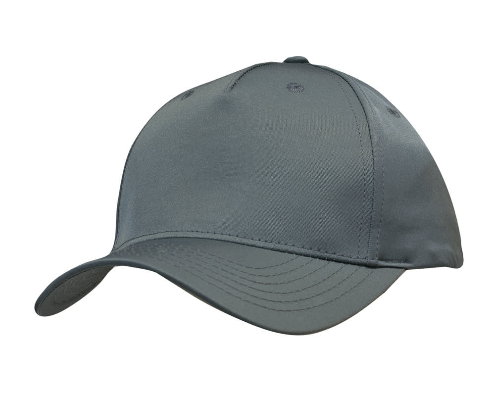 A grey sports twill cap with a curved brim and a logo. Ideal for outdoor activities.