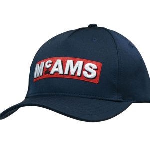 A navy twill cap featuring a bold embroidered logo on the front and a curved peak.