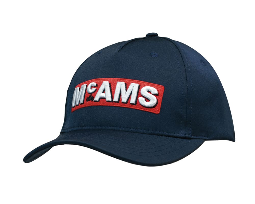 A navy twill cap featuring a bold embroidered logo on the front and a curved peak.
