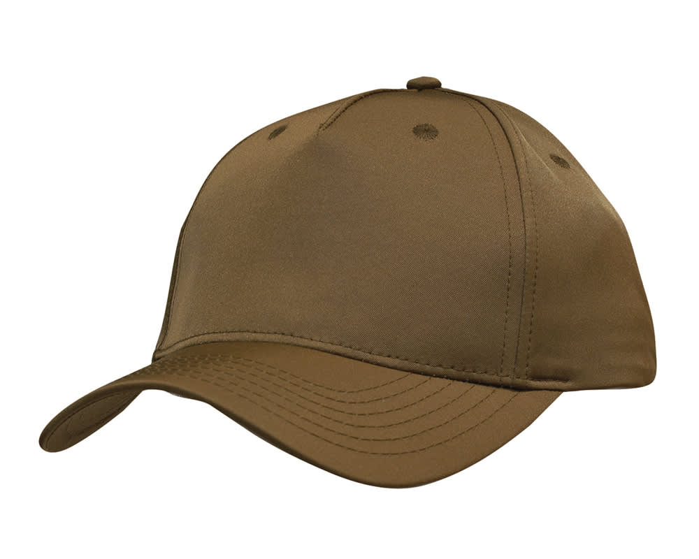 A khaki premium sports twill cap with a front panel and a curved brim, featuring a logo on the side.