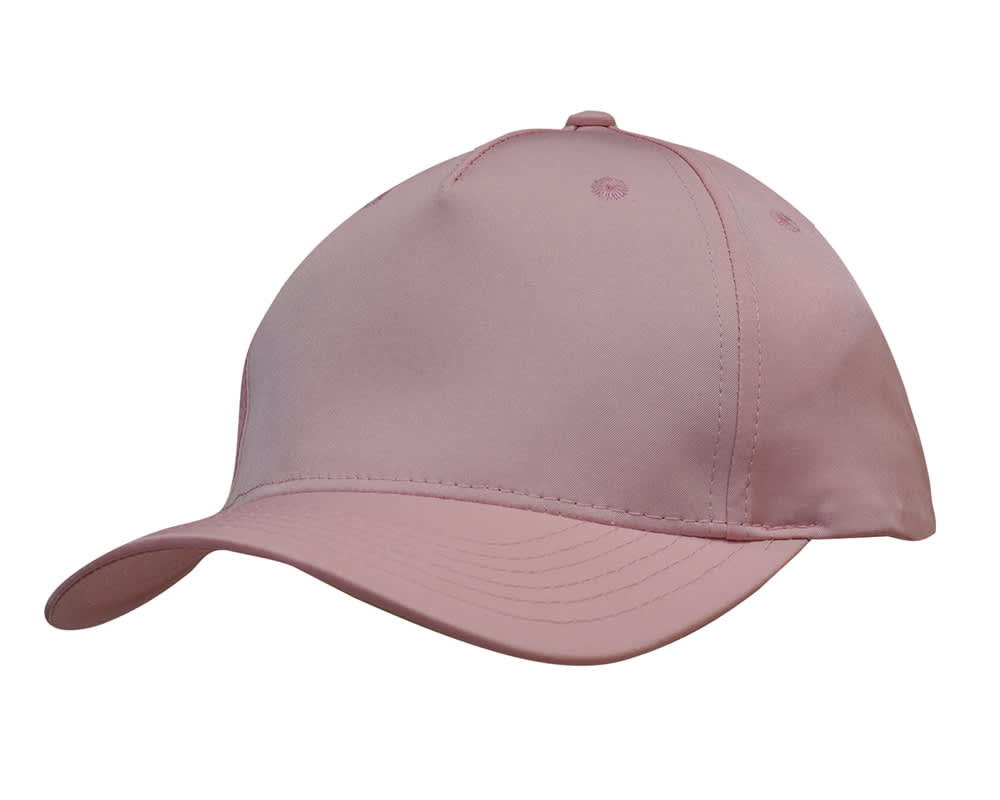 A pink sports twill cap with a curved brim and a logo on the front.