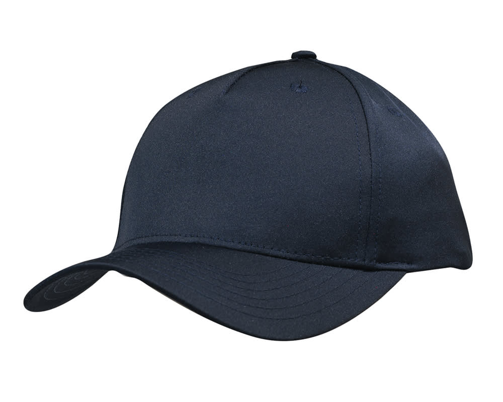 A navy blue twill cap with a structured design and an adjustable strap at the back. It features a logo.