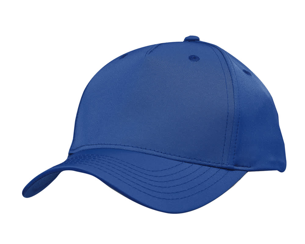 A blue premium twill cap with a curved brim and a logo on the front, ideal for sports or casual wear.