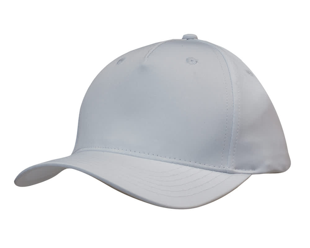 A white sports twill cap with a curved brim and a logo on the front.