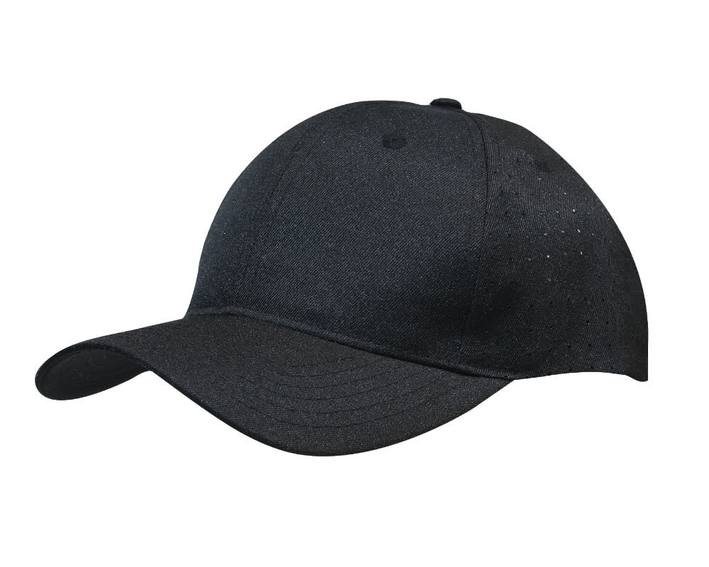 A black breathable poly twill cap featuring circle perforations and a curved brim. It has a logo on the front.