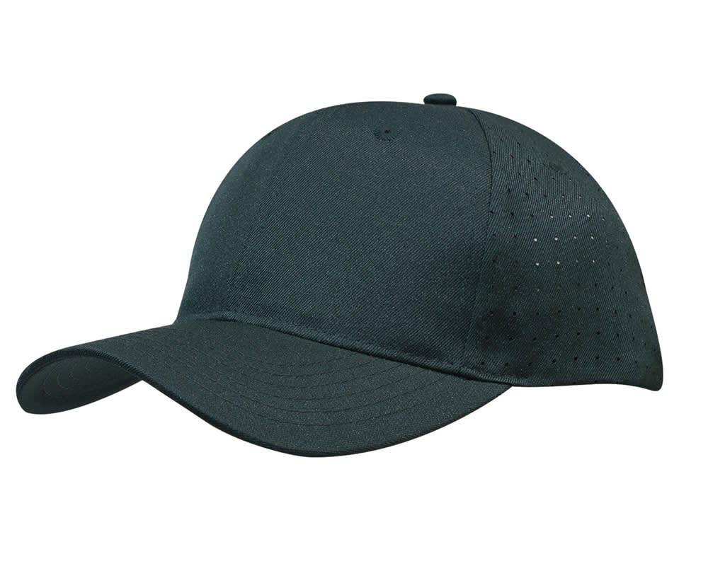 A dark green breathable poly twill cap with circle perforations for ventilation and a curved brim.
