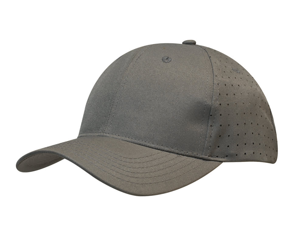 A breathable poly twill cap in olive green with circle perforations and a logo on the side.