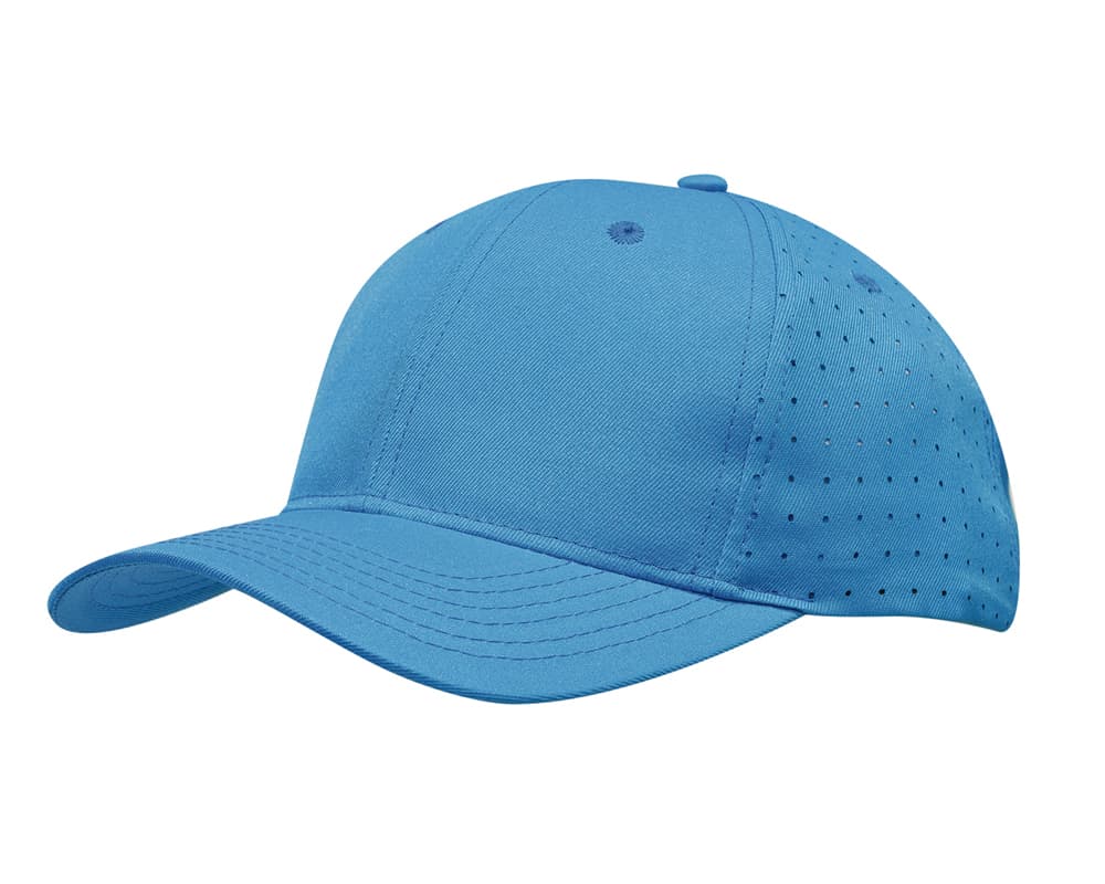 A blue breathable poly twill cap featuring circle perforations and a structured front panel.