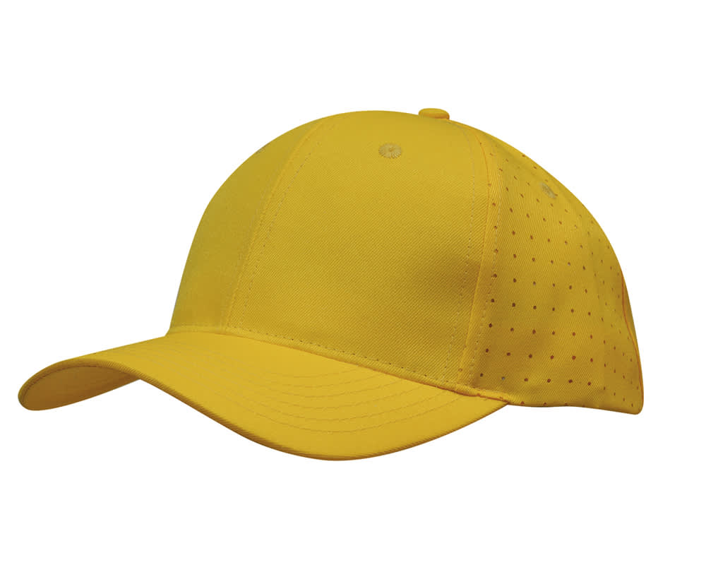 A yellow breathable poly twill cap featuring circle perforations and a stitched design. It has a logo on the side.