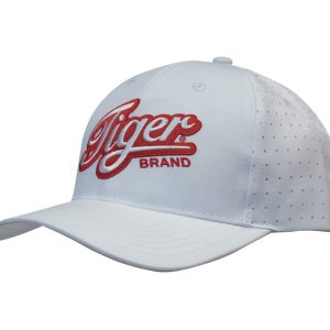 A white breathable poly twill cap with circle perforations and a red logo on the front.