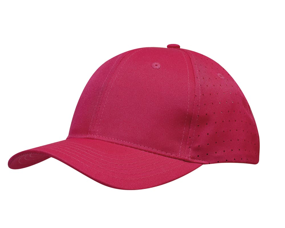 A pink breathable poly twill cap featuring circle perforations and a curved brim. It has a logo on the side.