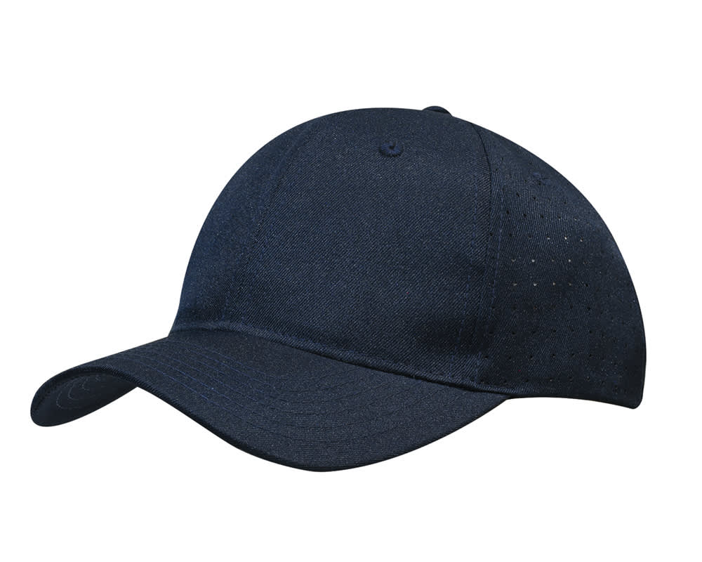A navy breathable poly twill cap with circle perforations and a curved visor. It features a logo on the front.
