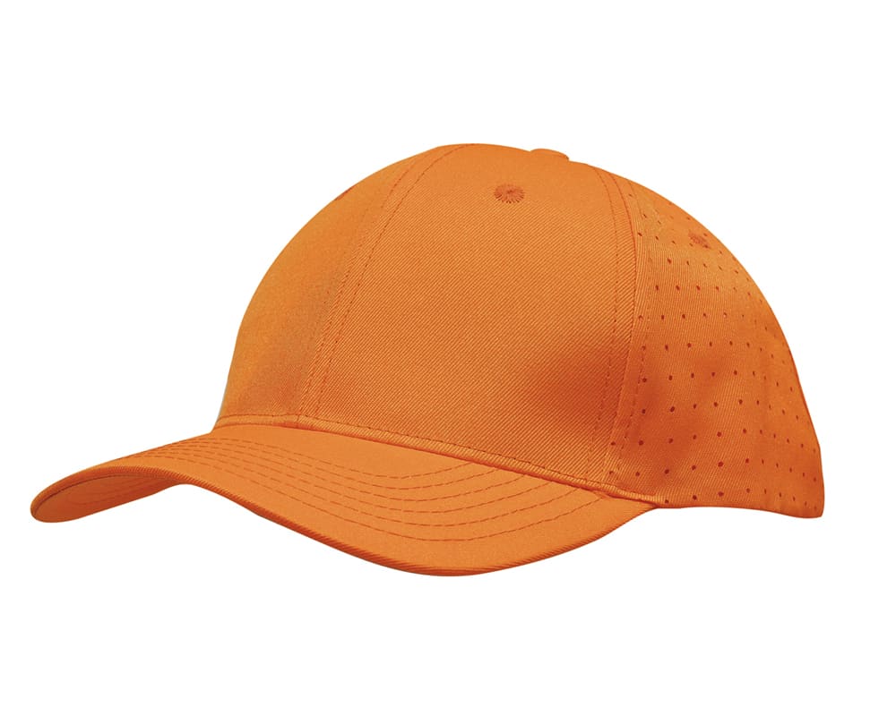 An orange breathable poly twill cap featuring circle perforations and a logo on the side.