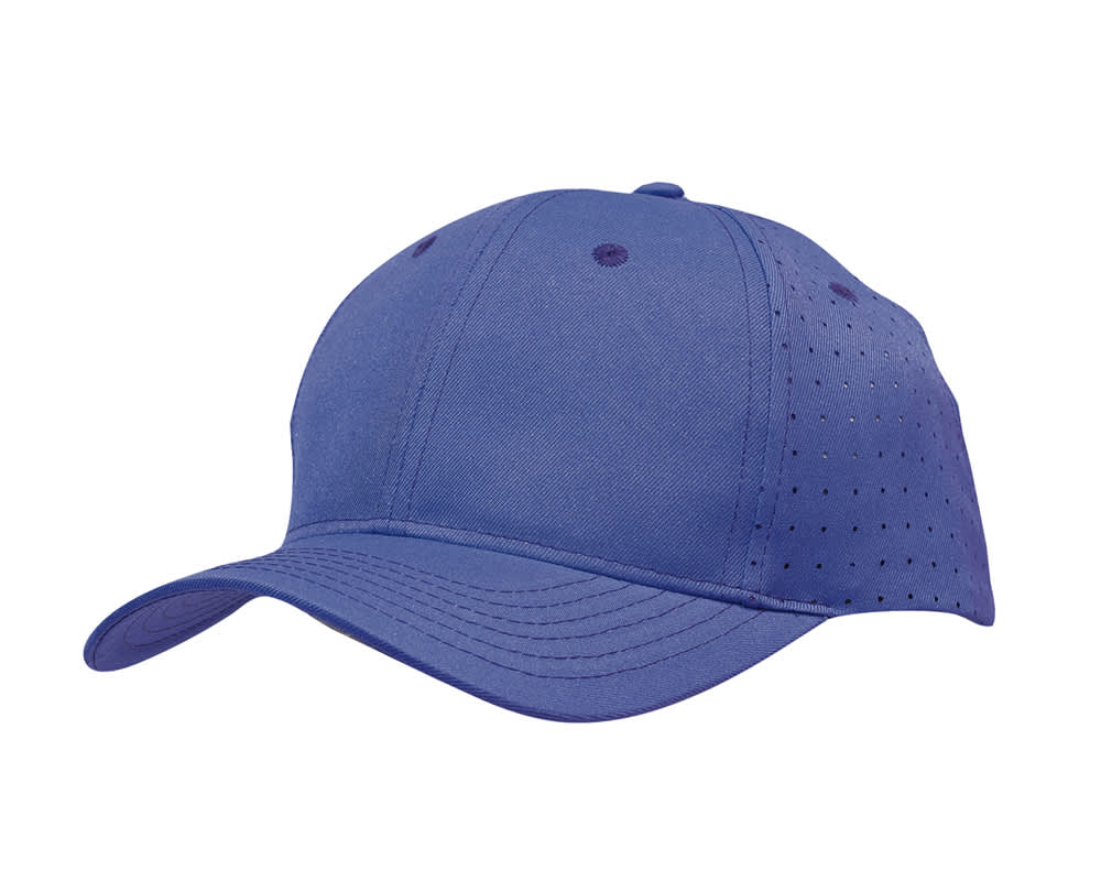 A purple cap featuring circle perforations, designed for breathability, with an adjustable strap and a logo.